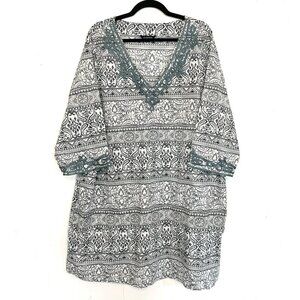 Lands' End Cover Up Dress Embroidered Grey White Paisley Boho 3X